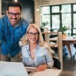 Happy team working together