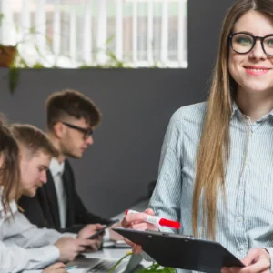 Office manager with clipboard